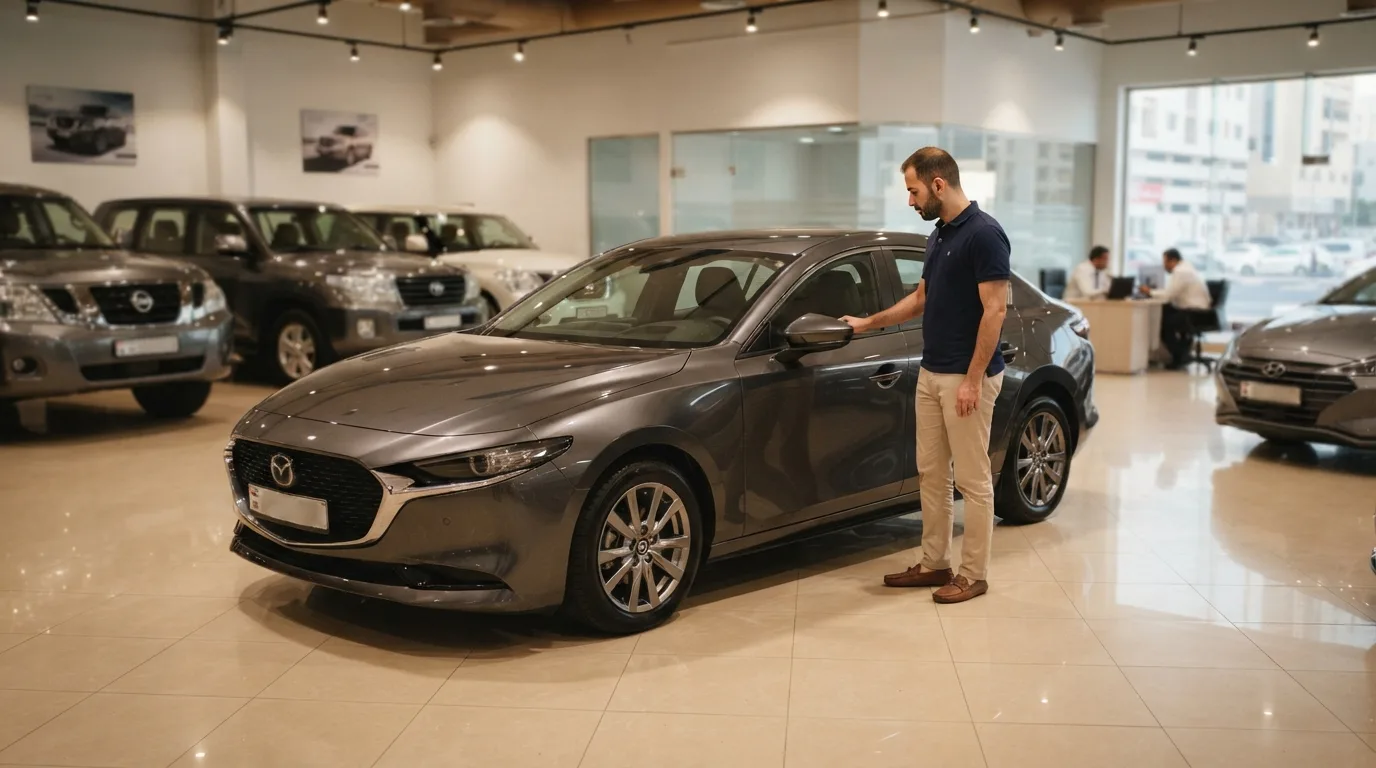 used mazda 3 salary dubai buyer reviewing a compact sedan at a Dubai used car showroom