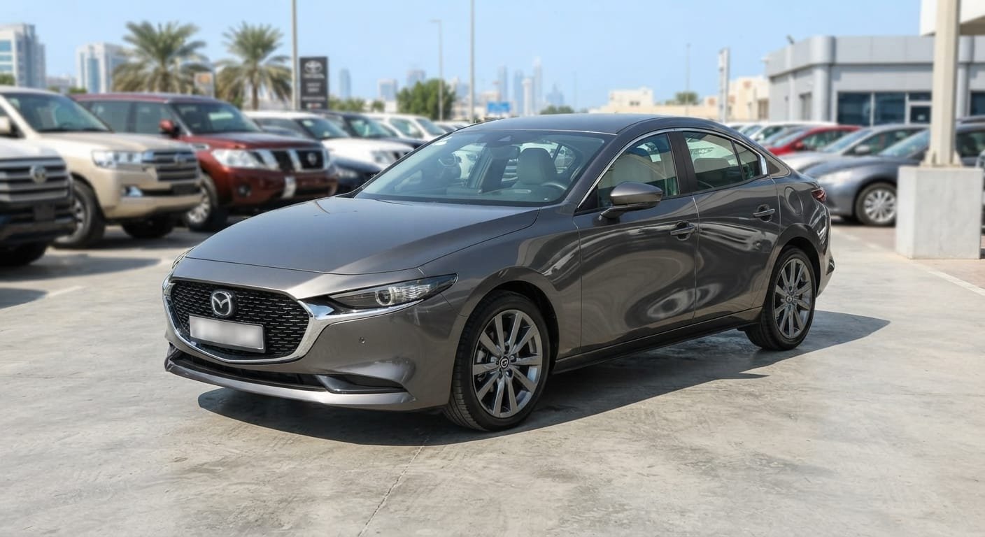 used Mazda 3 sedan parked at a Dubai used car showroom