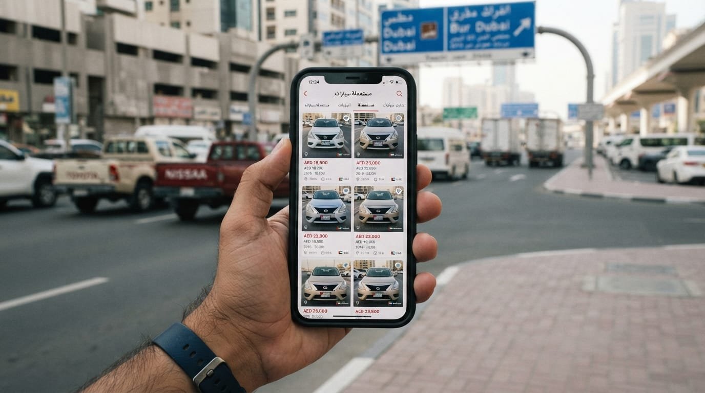 Dubizzle listings showing multiple used Nissan Sunny cars with price drops on a smartphone screen in Dubai