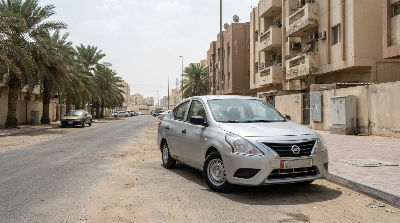 Used Nissan Sunny 2020 parked on Dubai street in daytime heat