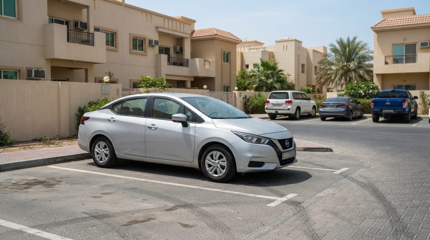 Best time to buy a used Nissan Sunny in UAE — 2022 silver model parked at a Dubai residential compound during summer with a private sale sign on the windshield
