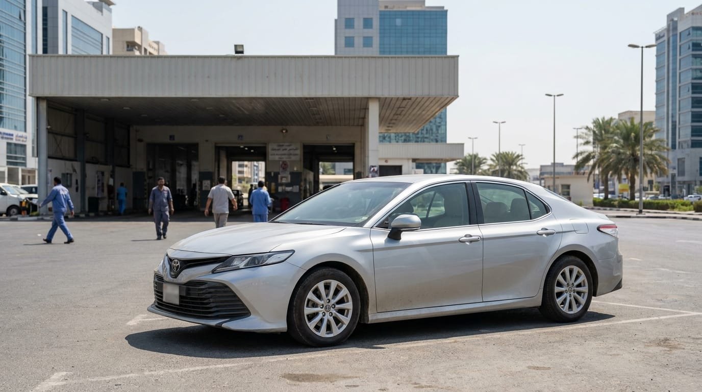 is used toyota camry reliable uae — Toyota Camry parked at a Dubai inspection centre