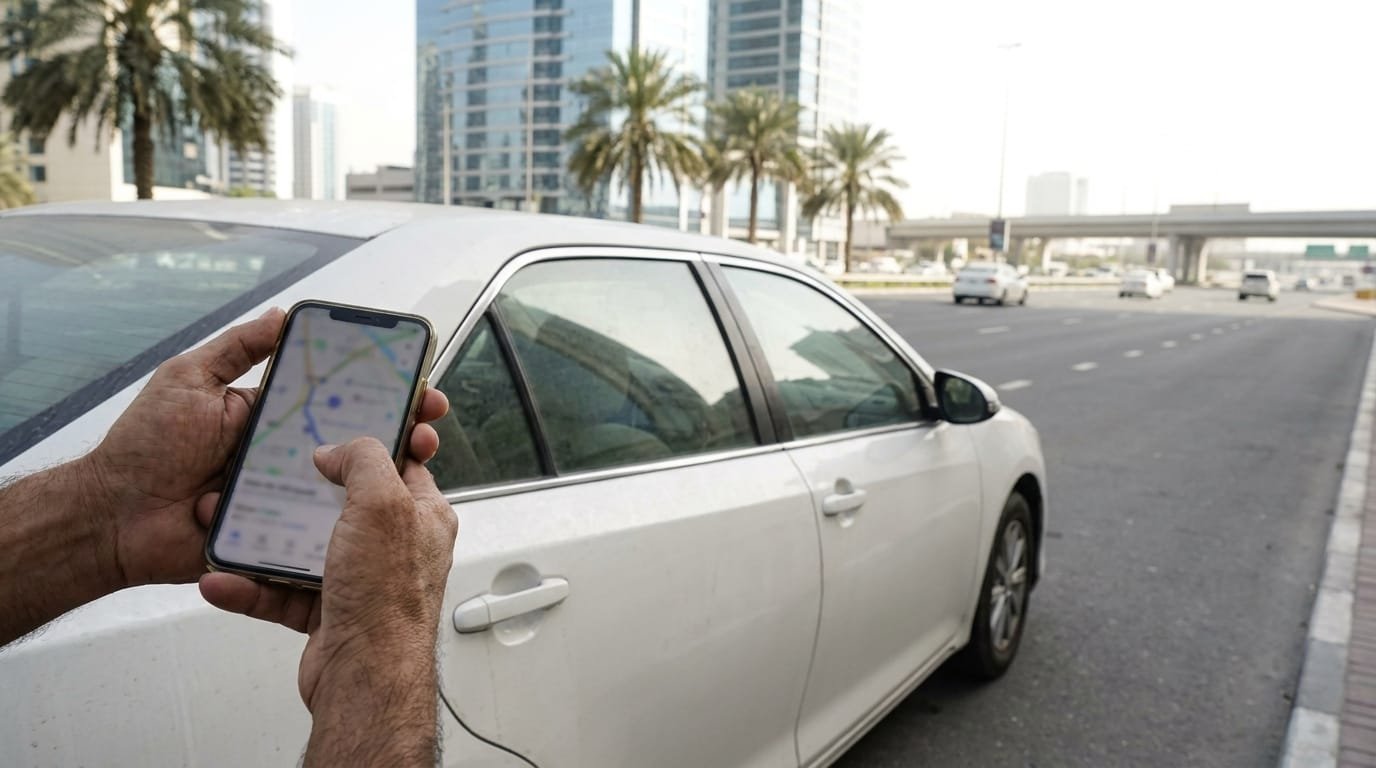 Driver checking traffic black points on phone app in UAE