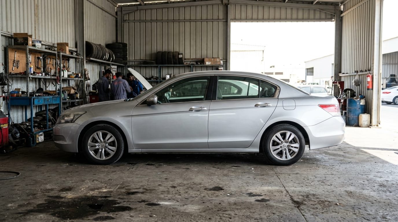 Independent Al Quoz workshop servicing a used Honda Accord in Dubai