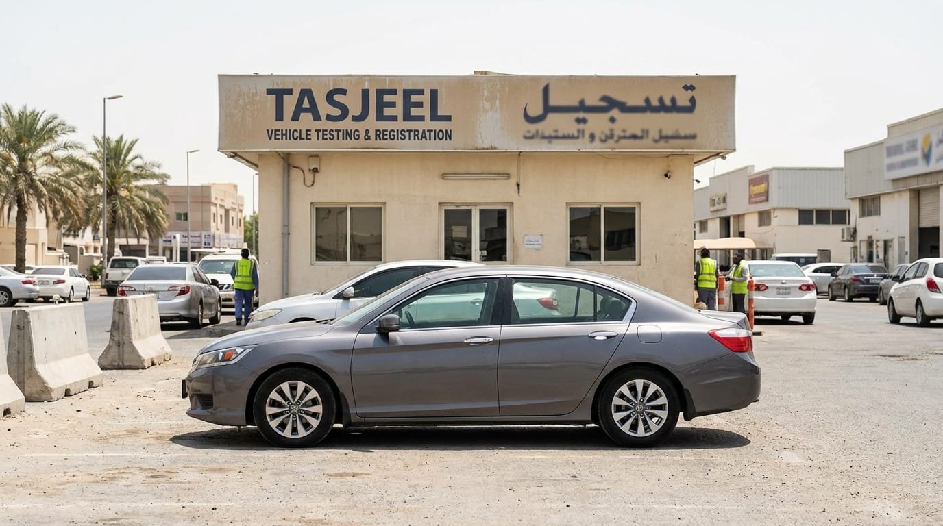 Honda Accord ownership cost UAE — used sedan parked at a Dubai vehicle inspection centre