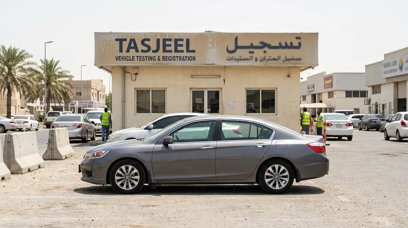 Honda Accord ownership cost UAE — used sedan parked at a Dubai vehicle inspection centre
