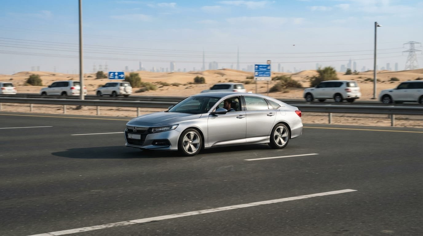 Honda Accord sedan on a UAE highway representing daily commuter running costs