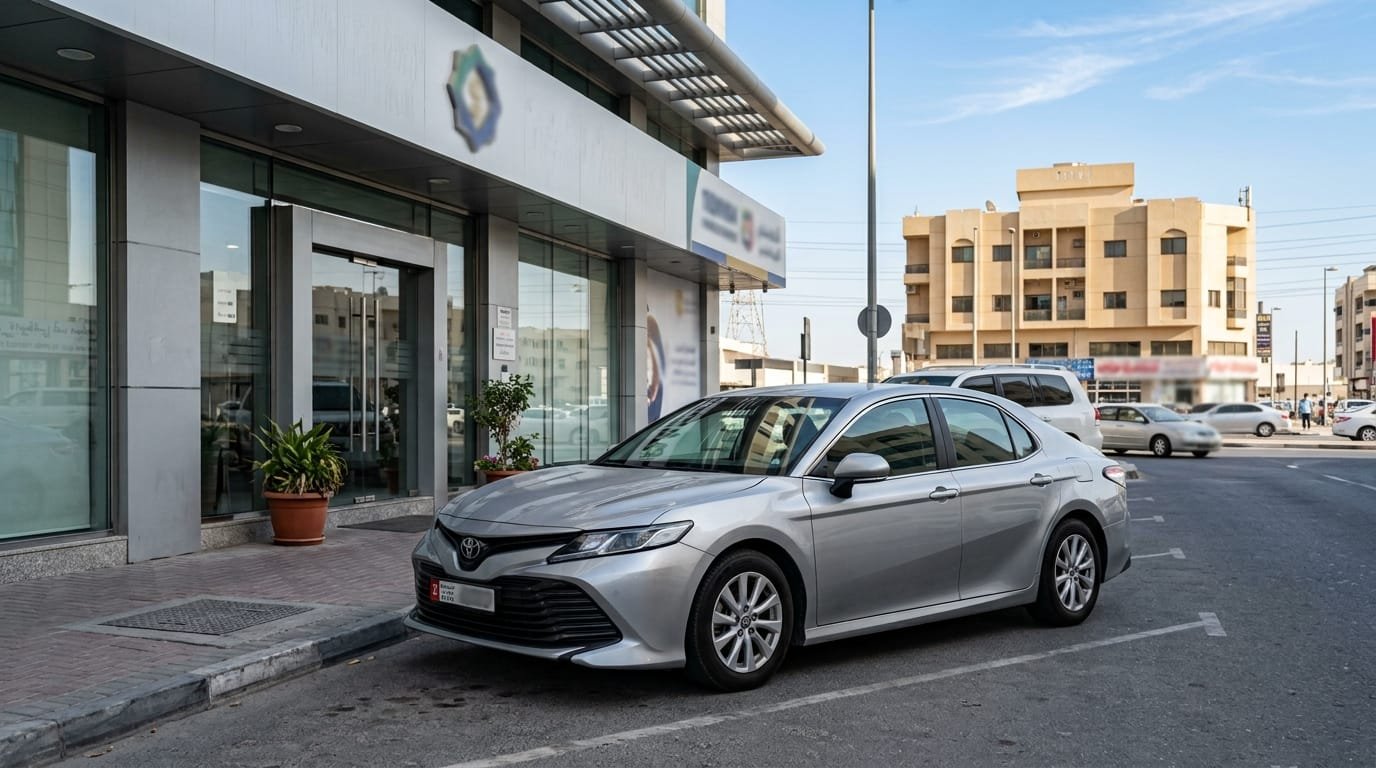 toyota camry insurance cost uae — parked Camry outside a Dubai insurance branch