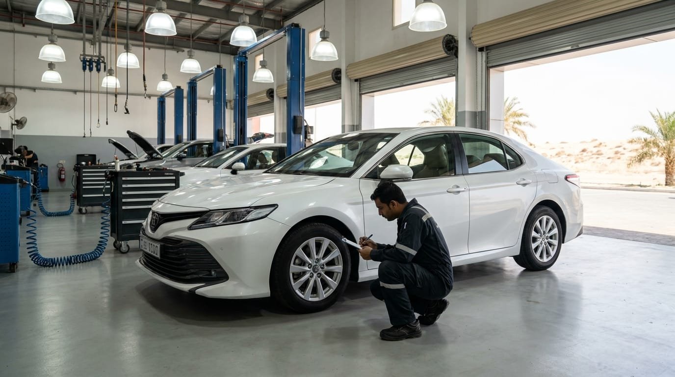 Toyota Camry maintenance cost UAE inspection at a Dubai workshop