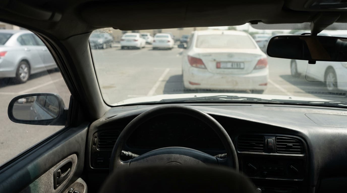 expat driver reviewing UAE road test result on car dashboard