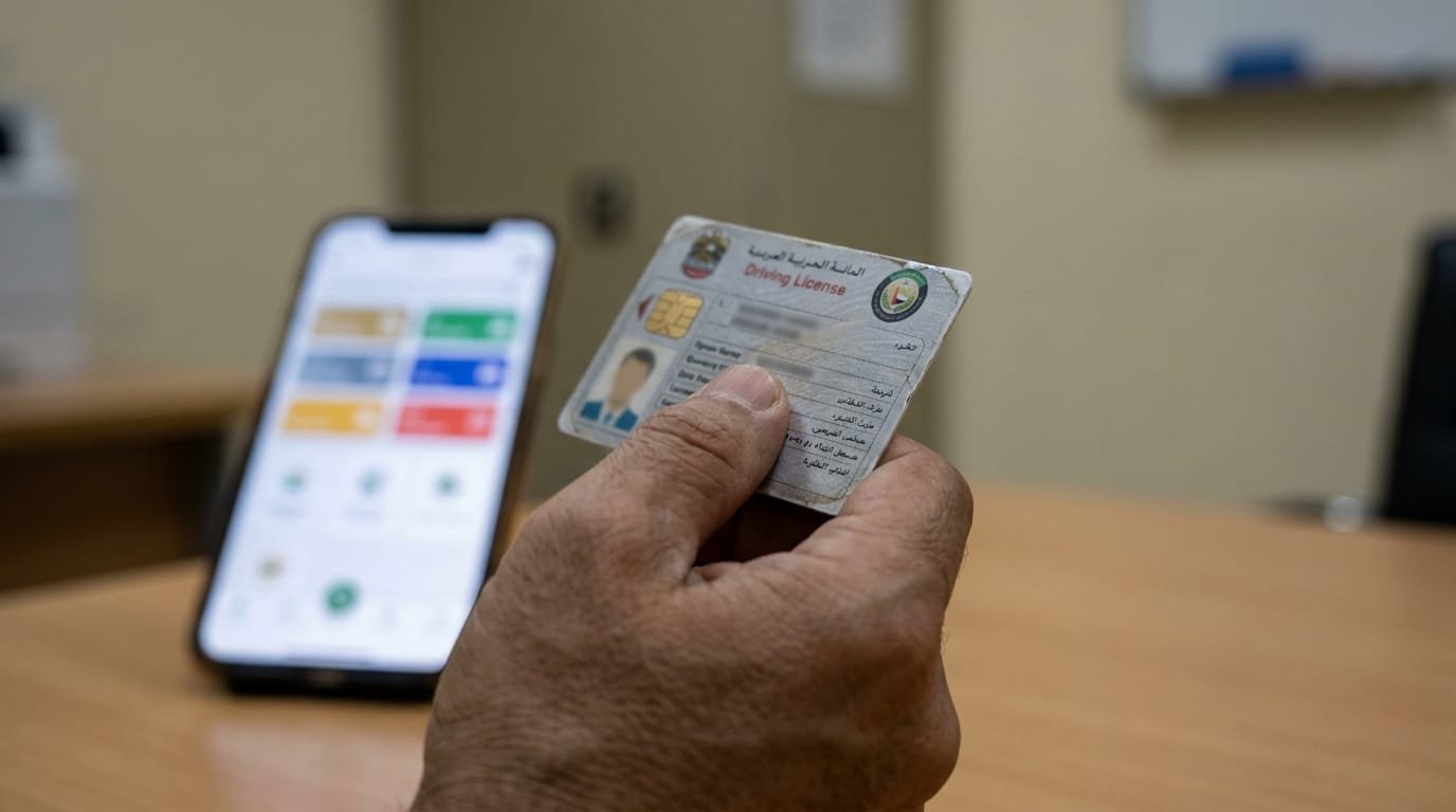 Driving licence card held near UAE Pass app on a phone