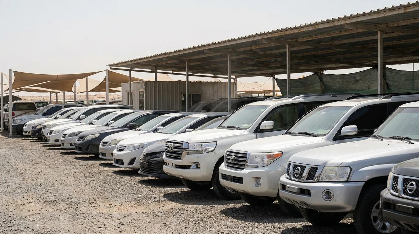 Used car dealership lot reflecting UAE market listing inventory