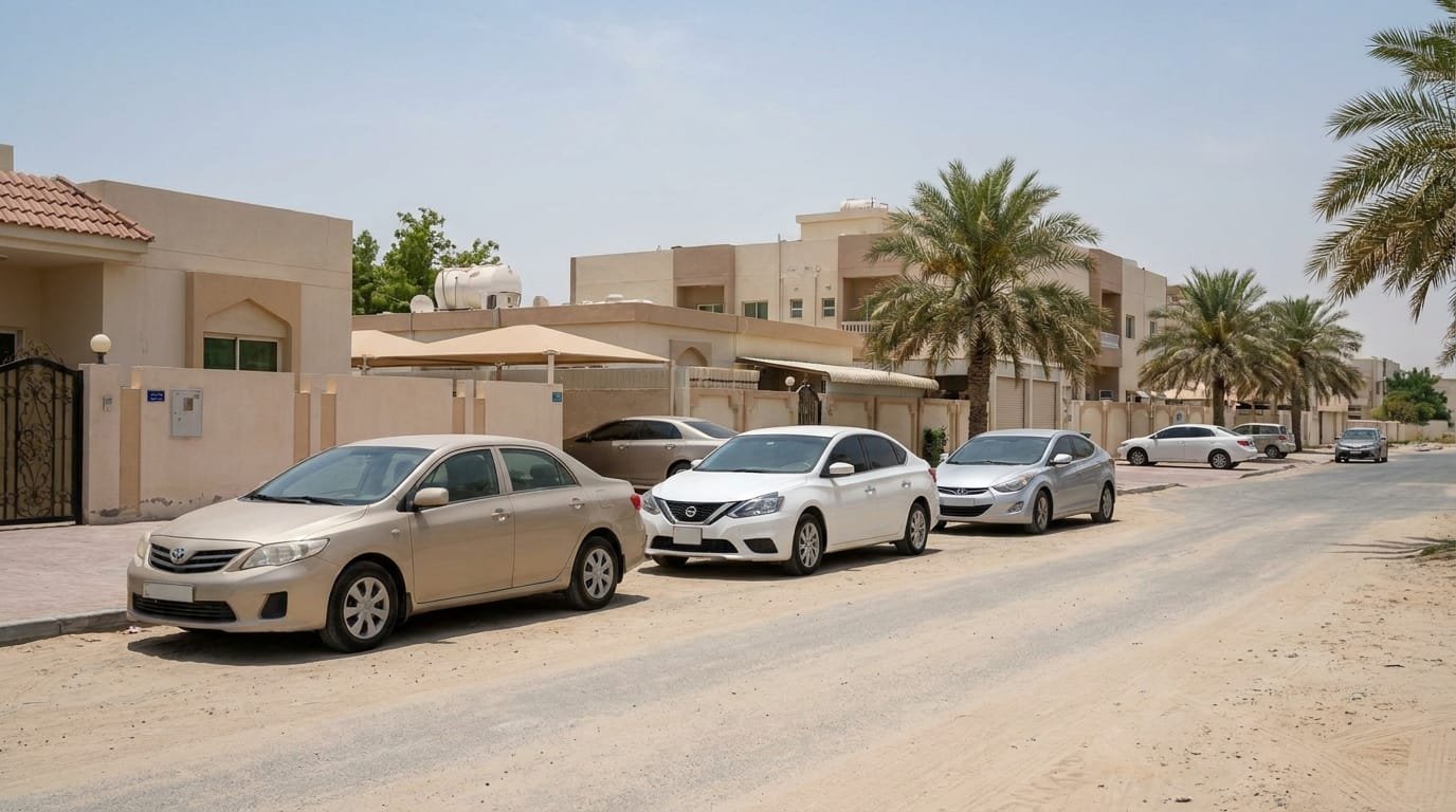 Used car prices uae expat demand trends along a Dubai residential road