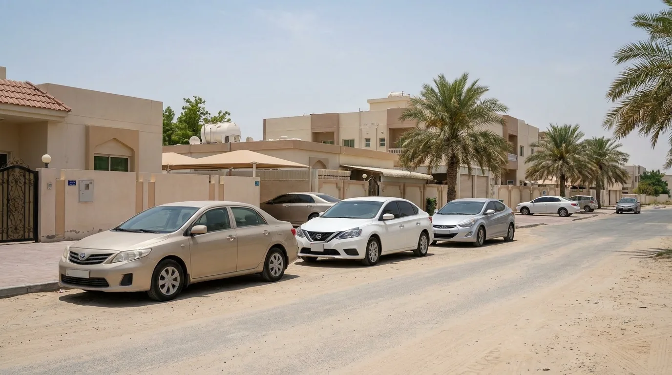 Used car prices uae expat demand trends along a Dubai residential road